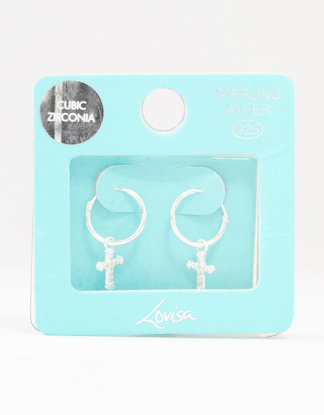 Lovisa - Sterling Silver Cubic Zirconia Cross Hoop Earrings