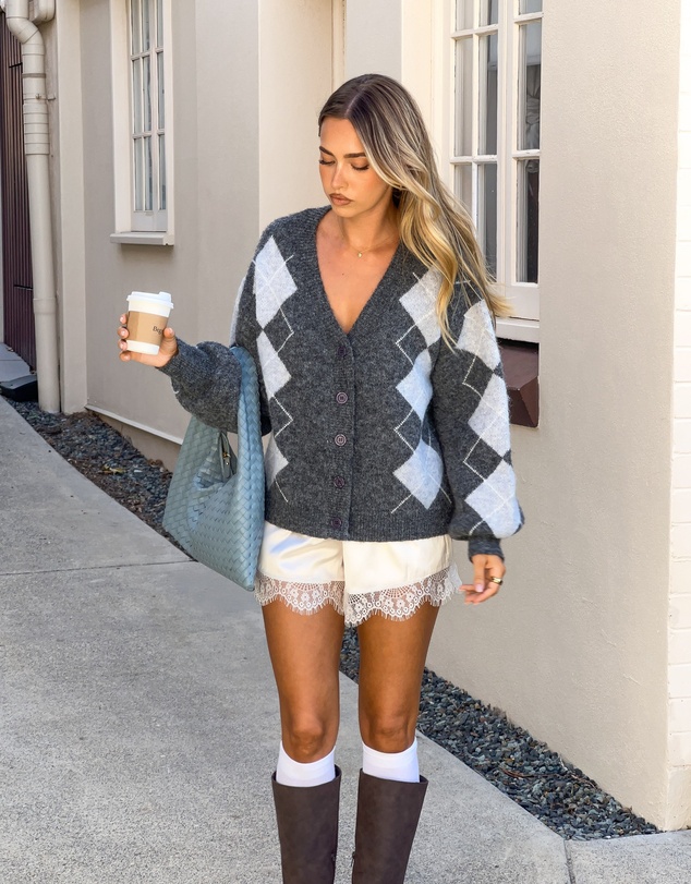 Beginning Boutique - Delylah Grey Argyle Print Oversized Cardigan