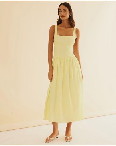 sachin and babi light blue dress Yellow Cotton Drop Waist Midi Dress with Crinkled Linen Skirt  shopaleena
