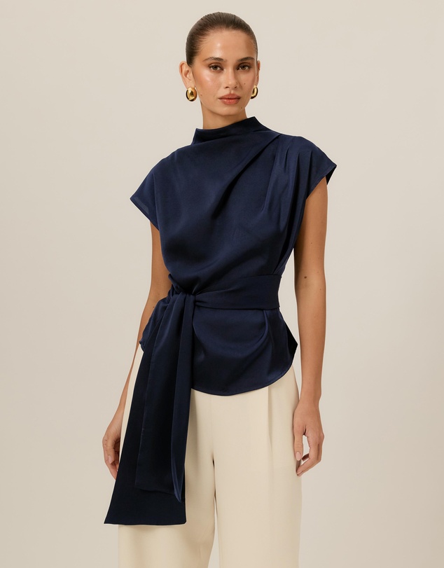 Tussah - Violet Drape Tie Detail Satin Top
