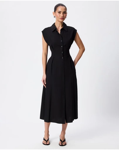 Tussah - Joanna Linen Blend Tie Front Midi Shirt Dress