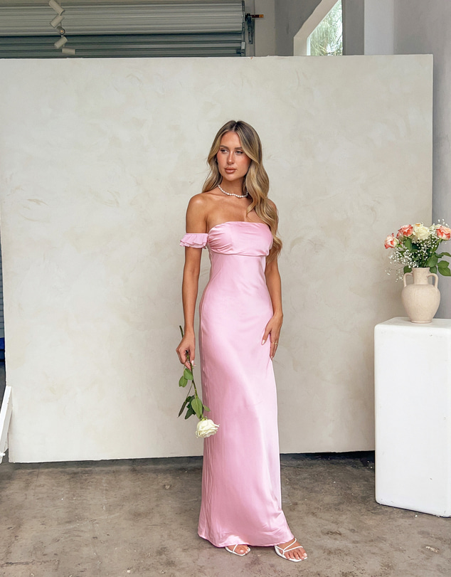 Beginning Boutique - Elvira Pink Satin Formal Maxi Dress