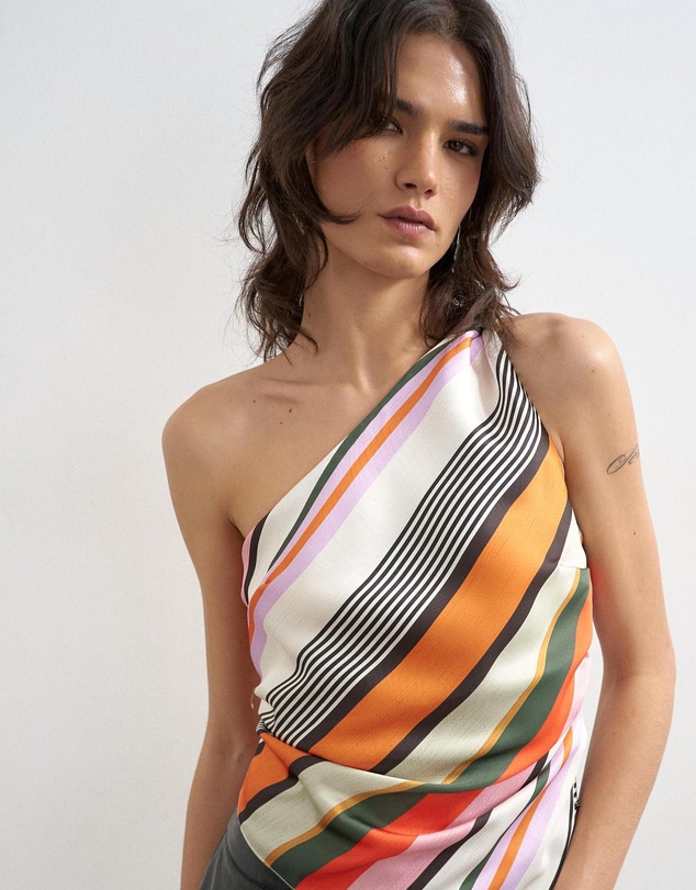 TOPSHOP - Lene Satin Stripe One Shoulder Top Wvn