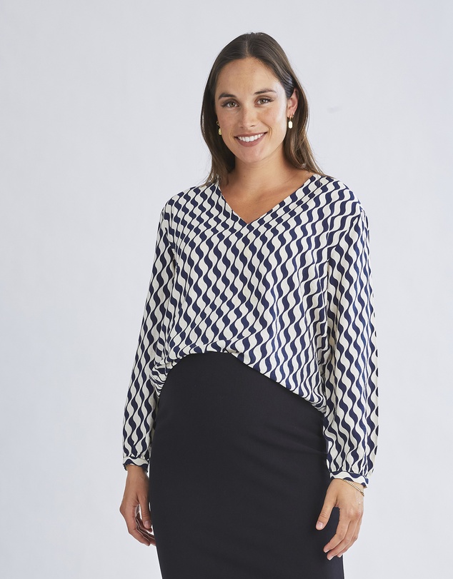 Angel Maternity - Marina Geometric Wave-Print V-Neck Long-Sleeve Blouse