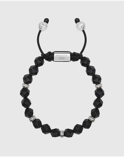 Nialaya Jewellery - Men's Sterling Silver Faceted Beaded Bracelet with Matte Black Onyx
