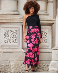Sosandar - Floral Print Ruched Detail Satin Maxi Skirt