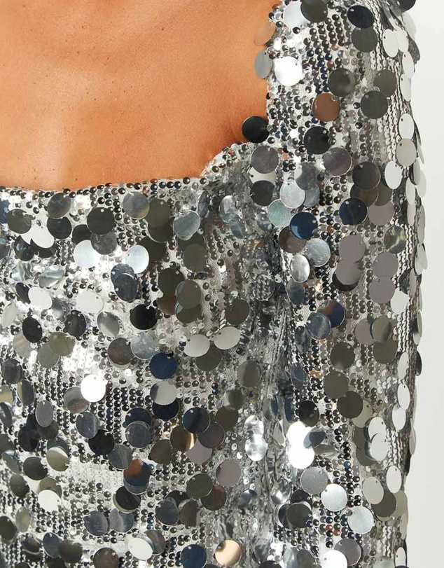 Beginning Boutique - Marienne Silver Large Sequin Long Sleeve Mini Dress