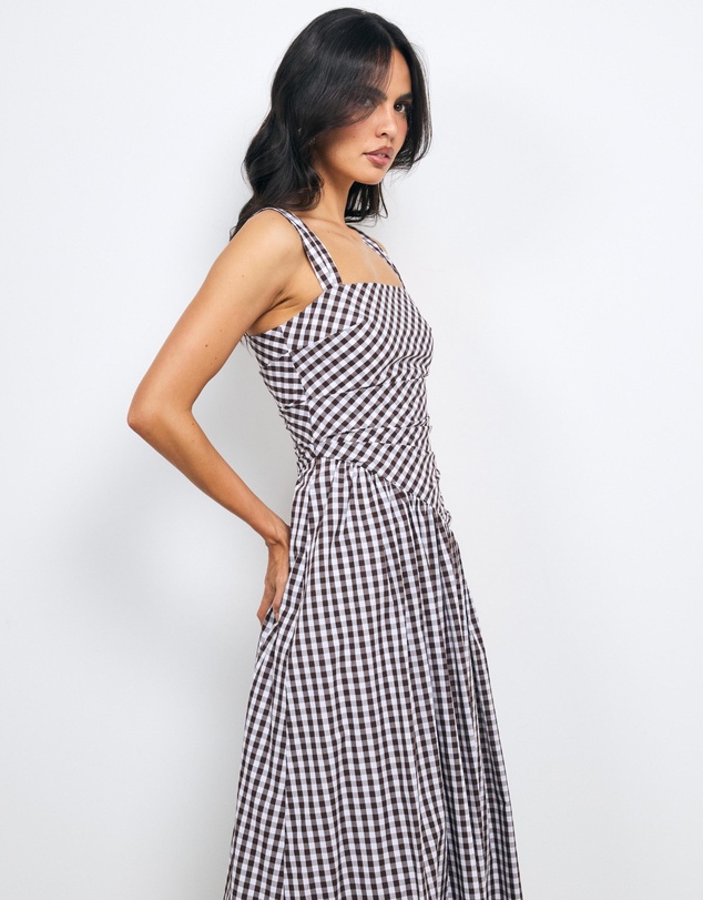 AERE - Kylara Gingham Ruched Midi Dress