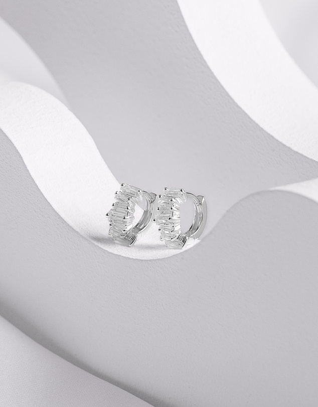 Wanderlust + Co - Jagged Baguette Silver 8mm Baby Huggie Earrings