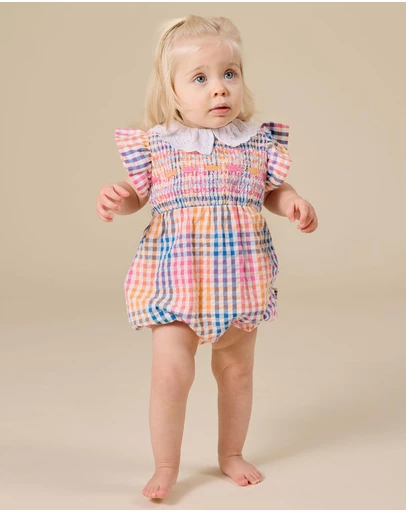 Goldie + Ace - Rainbow Gingham Lani Smocked Romper - Babies