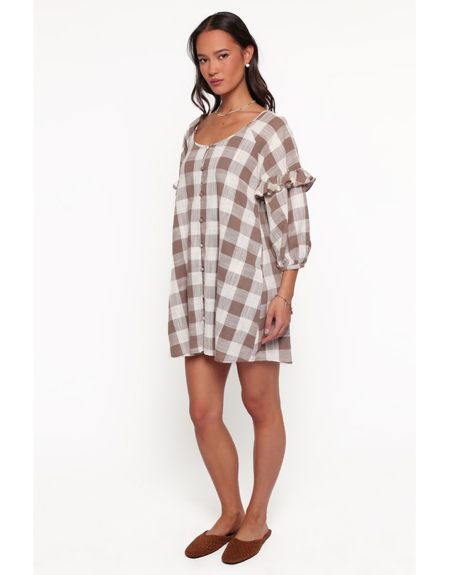 Petal & Pup - Shiloh Long Sleeve Mini Dress - Brown Gingham