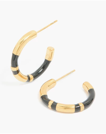 Lovisa - Waterproof Gold Plated Stainless Steel Small Black Enamel Stripe Hoop Earrings