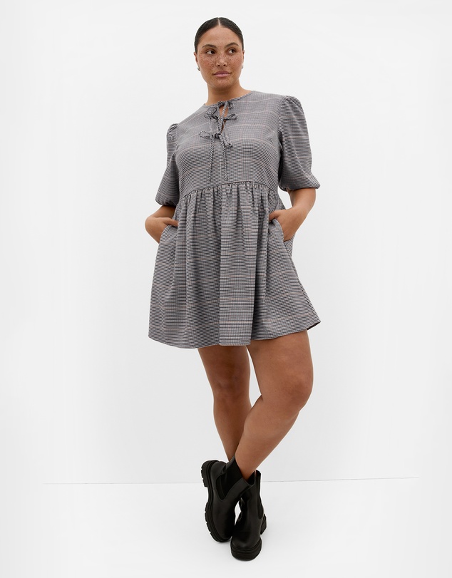 City Chic - Plus size Check Tie Mini Dress - navy