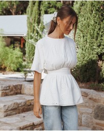 Petal & Pup - Carmel Tie Back Tunic Top - White Embroidery