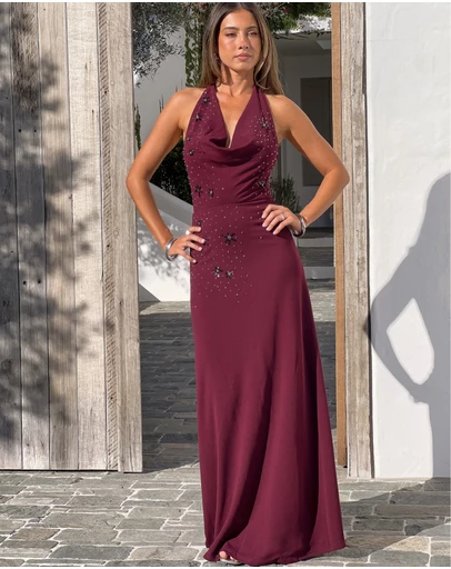 Beginning Boutique - Corey Burgundy Beaded Crepe Maxi Dress