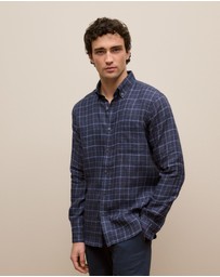 Trenery - Regular Fit Linen Fine Check Shirt in Navy
