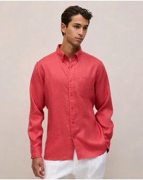 Trenery - Regular Fit Linen Classic Long Sleeve Shirt in Crimson