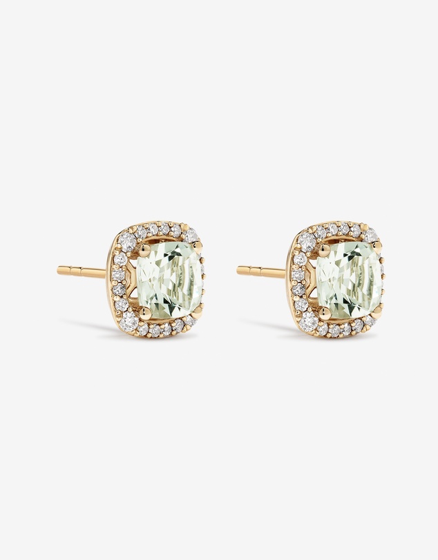 Michael Hill - Cushion Cut Green Amethyst Gemstone and 0.32 Carat TW Diamond Halo Stud Earrings in 10kt Yellow Gold