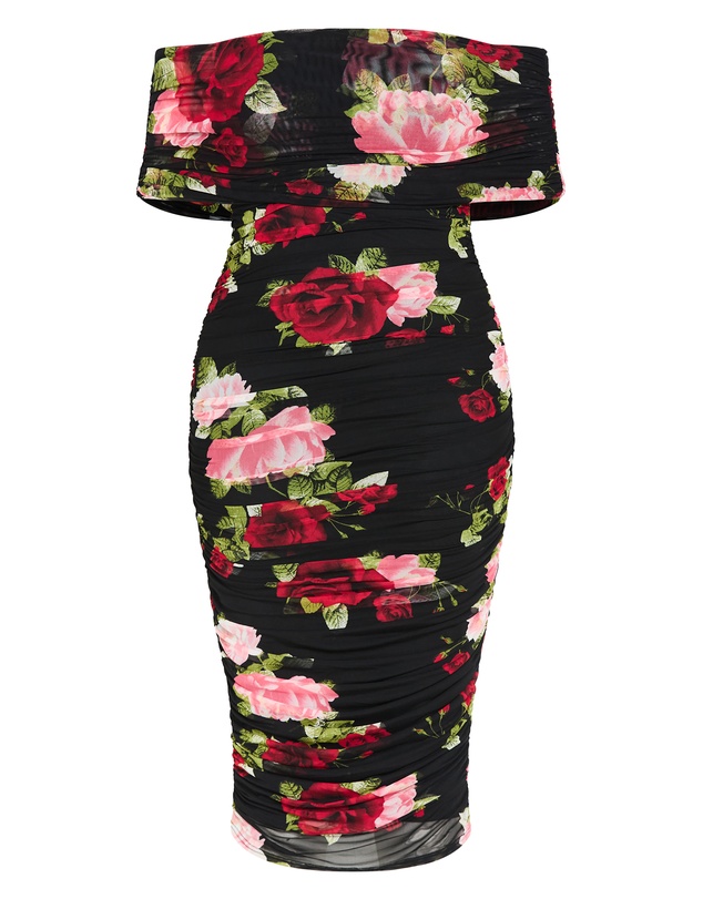 City Chic - Plus Size Dana Mesh Rose Print Dress - black