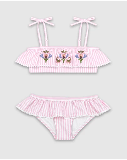 Seafolly - Stripe Embroidery Frill Bikini Set - Kids
