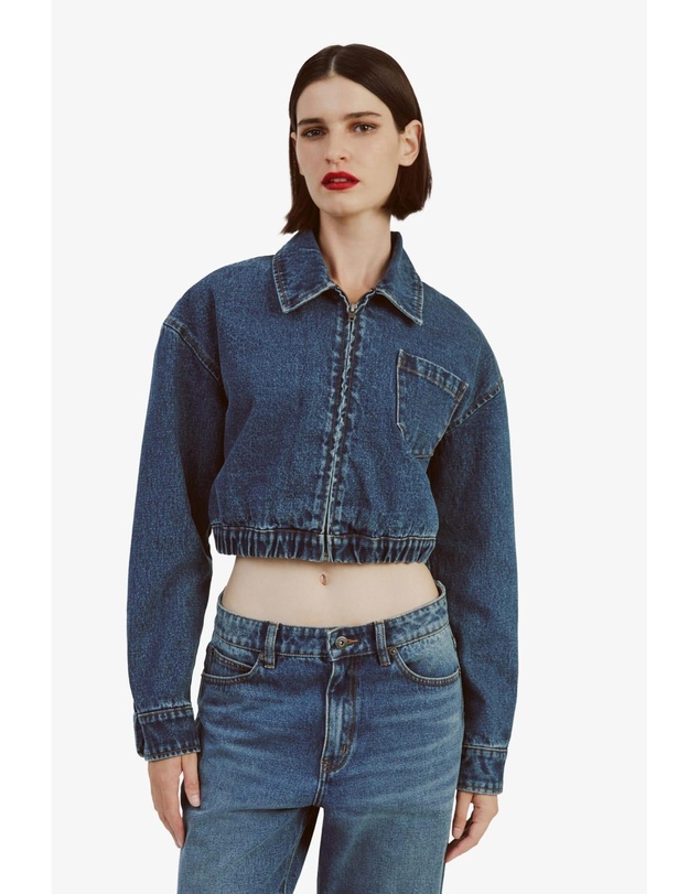 Bardot - Cropped Bomber Denim Jacket