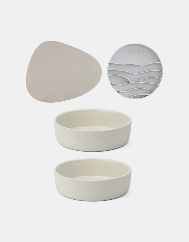 Lilly + Dash - Dog Eat and Drink Set – 2 Bowls + Lick Insert + Slate Placemat Set