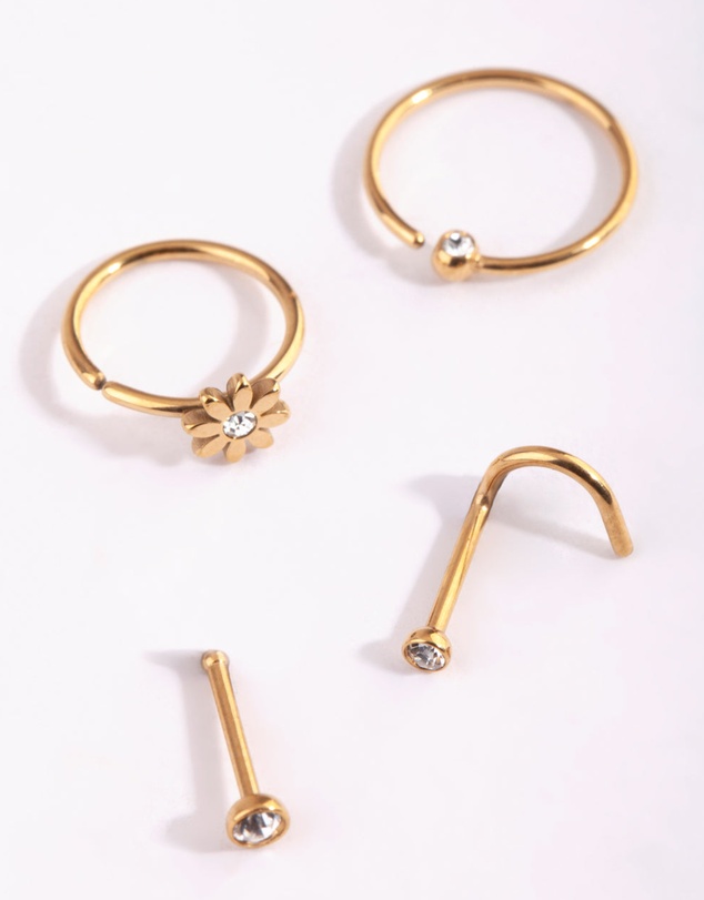 Lovisa - Gold Plated Surgical Steel Flower & Diamante Nose Stud 4-Pack