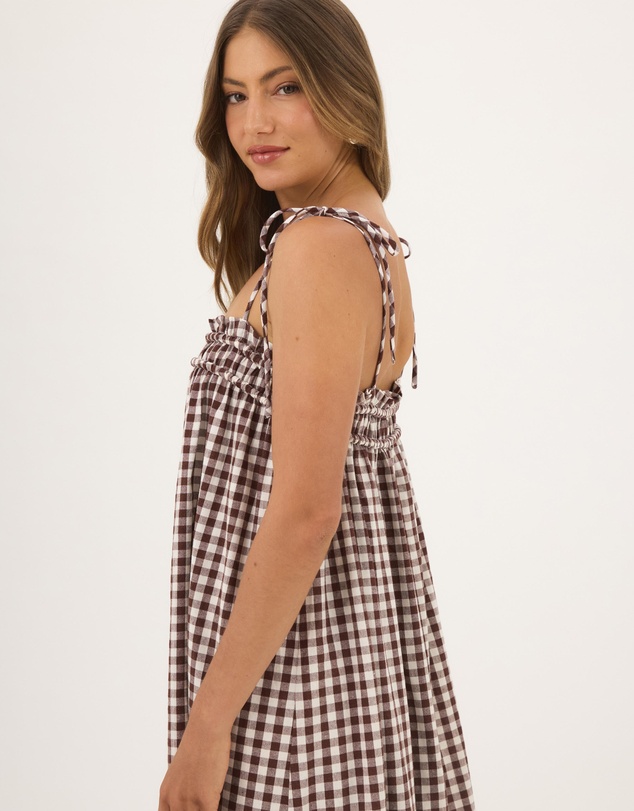 Atmos&Here - Eire Gingham Linen Blend Maxi Dress With Tie Straps And Shirring Detail