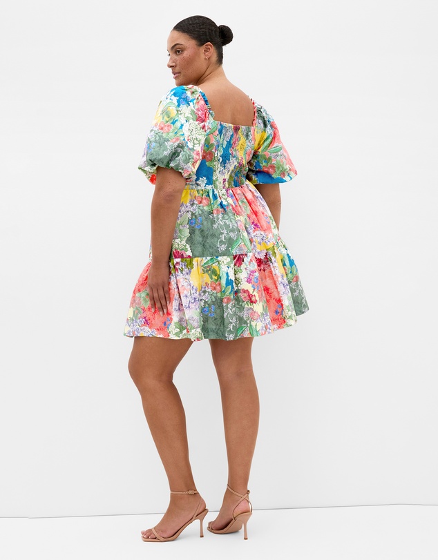 City Chic - Plus size Fantasy Berry Floral Print Puff Sleeve Mini Dress - sage