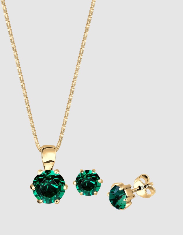 Elli Jewelry - Green Crystal Solitaire Jewellery Set in Gold-Plated 925 Silver
