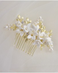The White Collection - Cora - Freshwater Pearl and Floral Detail Gold Bridal Comb