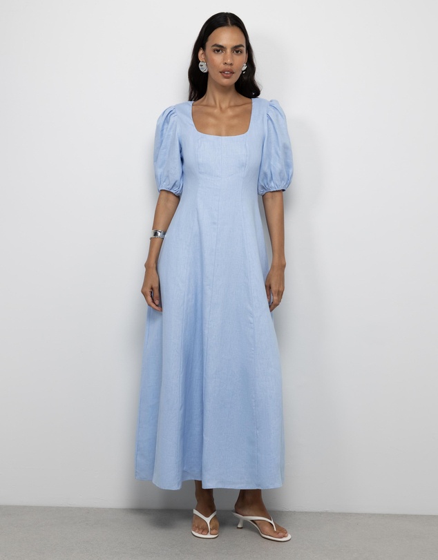AERE - Portia Linen Puff Sleeve Midi Dress