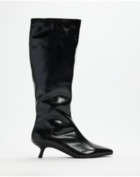 AERE - Maria Leather Knee High Kitten Heel Boots