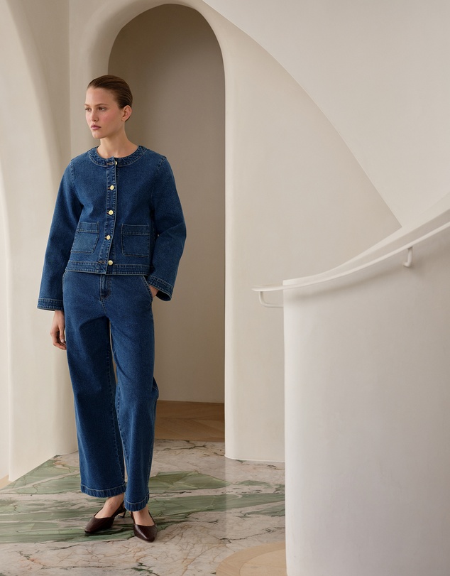 Trenery - Denim High Rise Tailored Pant in Mid Blue