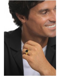 Kuzzoi - ICONIC EXCLUSIVE - Ring Mens Signet Enamel Black Basic in 925 Sterling Silver Gold Plated