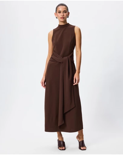 Tussah - Lillian High Neck Tie Waist Midi Dress