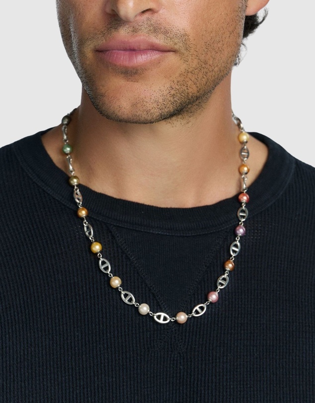 Nialaya Jewellery - Men's Silver Mariner Chain with Multicolored Pearls