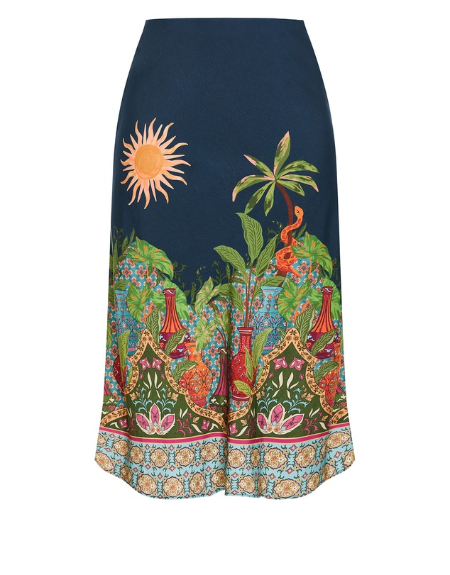City Chic - Plus size Fools Paradise Print Midi Skirt - alpine navy