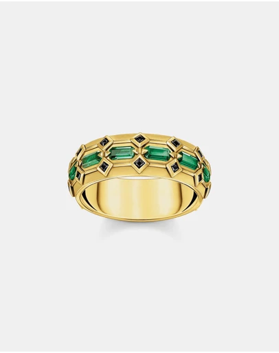 THOMAS SABO - Wide Gold Plated Crocodile Ring with Green Stones