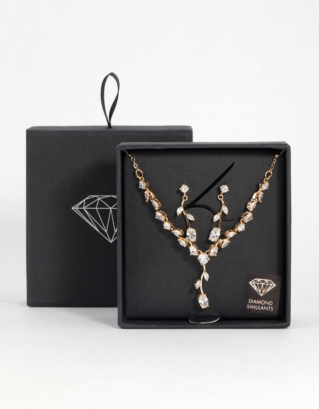 Lovisa - Gold Cubic Zirconia Flower Vine Necklace & Drop Earrings Set