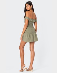 EDIKTED - Off Shoulder Scrunched Linen Look Mini Dress