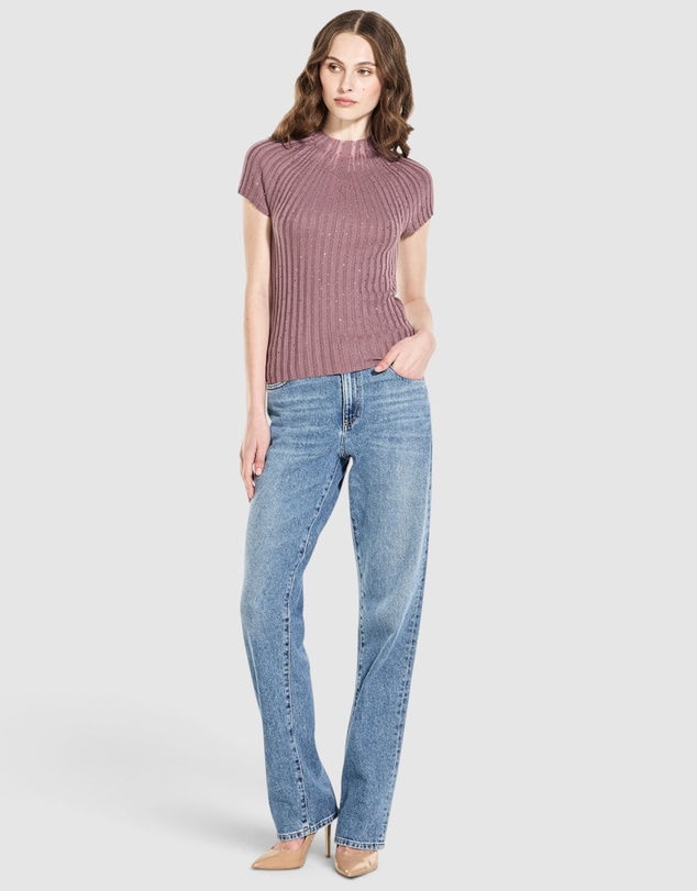 GUESS - Short Sleeve Sheer Yoke Perilla Ribbed Sweater