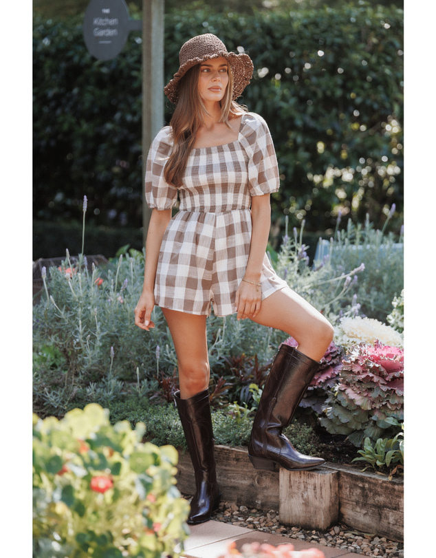 Petal & Pup - Evie Puff Sleeve Playsuit - Brown Gingham