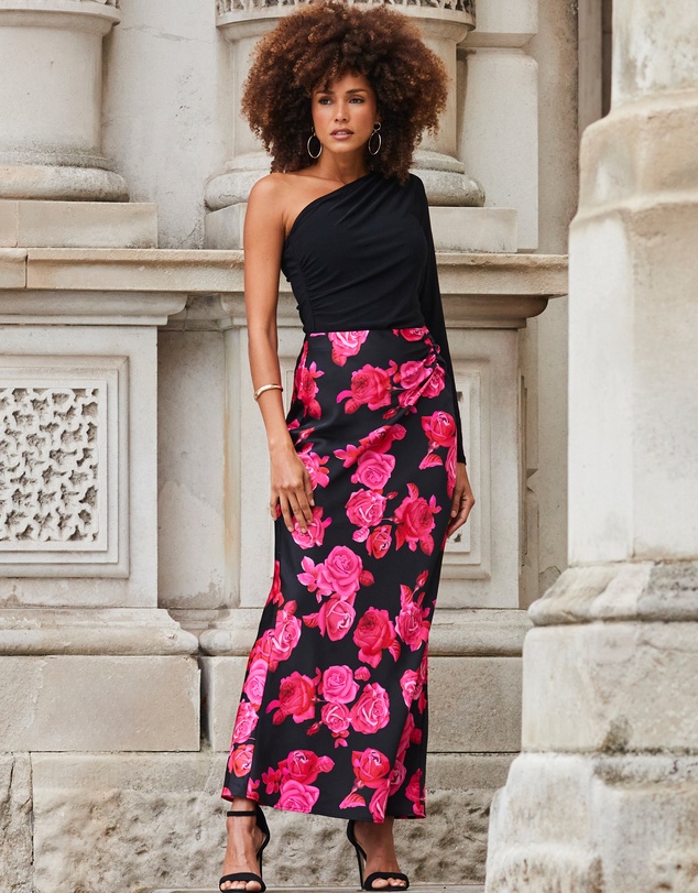 Sosandar - Floral Print Ruched Detail Satin Maxi Skirt