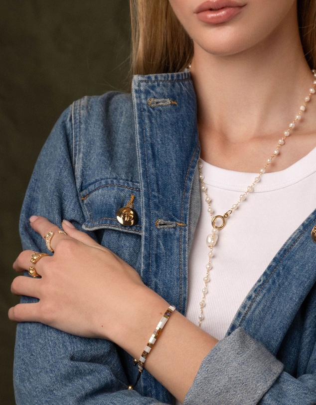Nialaya Jewellery - Women's Bracelet with White, Marbled Amber and Gold Miyuki Tila Beads