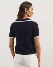 Atmos&Here - Issa Short Sleeve V-Neck Knit Polo with Contrast Trim