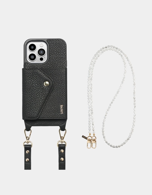 LOUVE COLLECTION - Leather Phone Case Wallet & Strap + Pearl Crossbody Chain