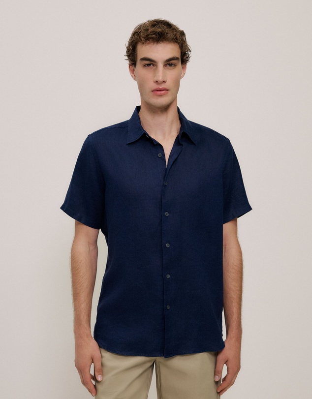 Trenery - Regular Fit Linen Short Sleeve Shirt in Navy