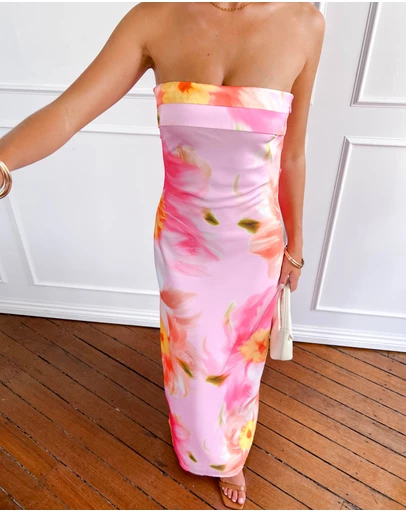 Beginning Boutique - Maiah Pink Floral Print Maxi Dress