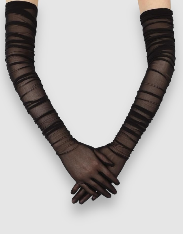High Heel Jungle - Ariana Ruched Mesh Opera Glove - Black